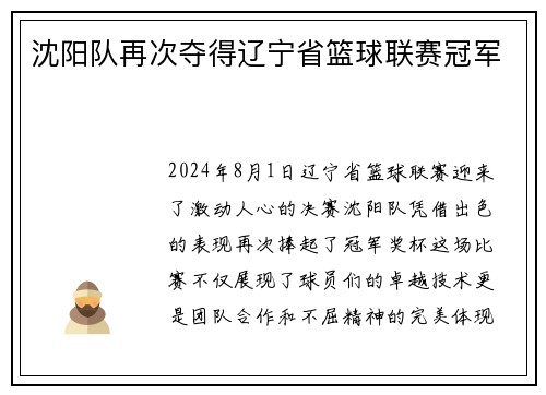 沈阳队再次夺得辽宁省篮球联赛冠军