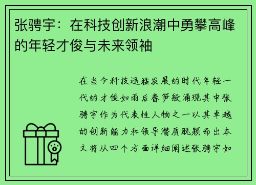 张骋宇：在科技创新浪潮中勇攀高峰的年轻才俊与未来领袖